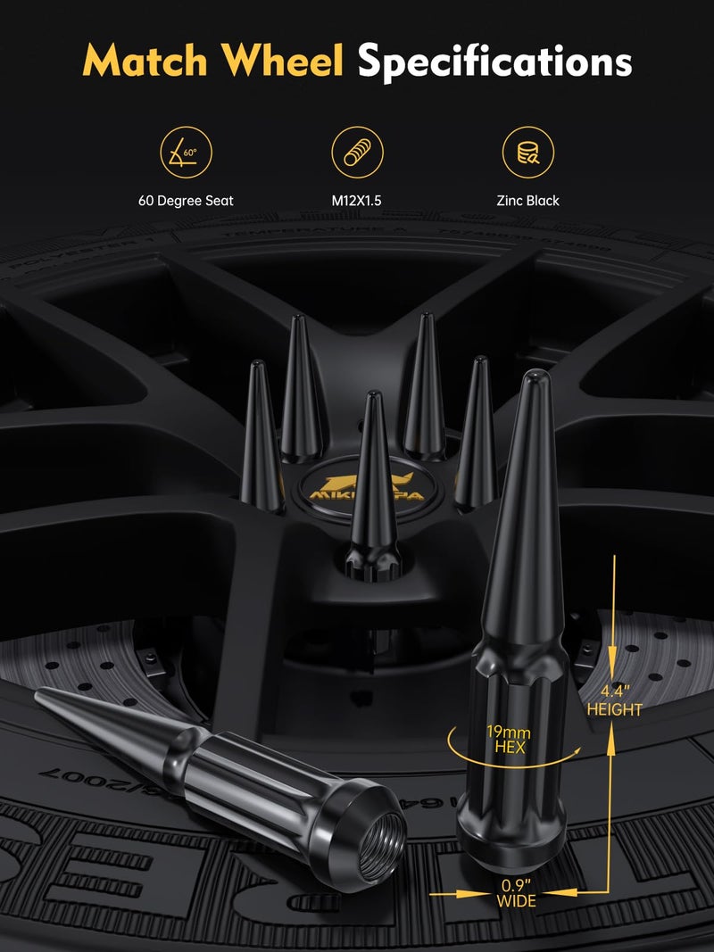 MIKKUPPA 20pcs M12x1.5 Wheel Spike Lug Nuts  M12x1.5 Lug Nut  Cone/Conical Bulge Seat  Black Closed End Nuts with Socket Key Replacement for Chevy Blazer Corvette Camaro Aftermarket Wheel - Image 2